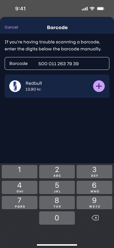 Manual barcode entry — numeric keypad and matched product