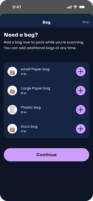 Bag flow — choose paper, plastic, or eco bag with prices and Continue