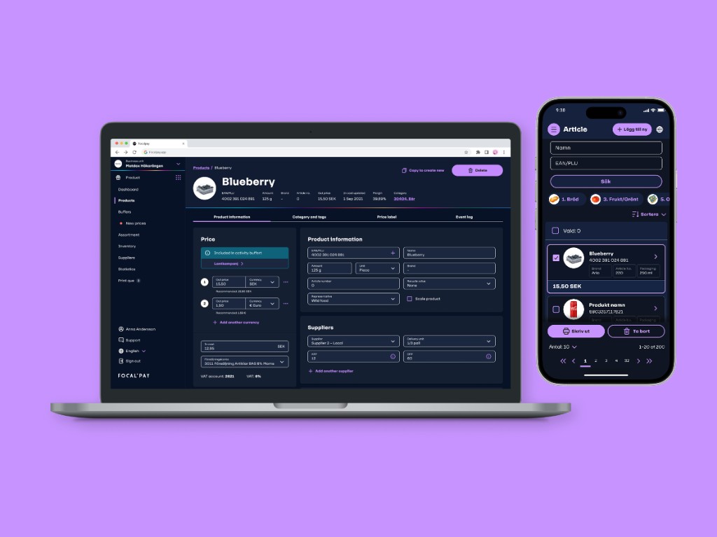 Focalpay back-office dashboard — desktop and mobile product views