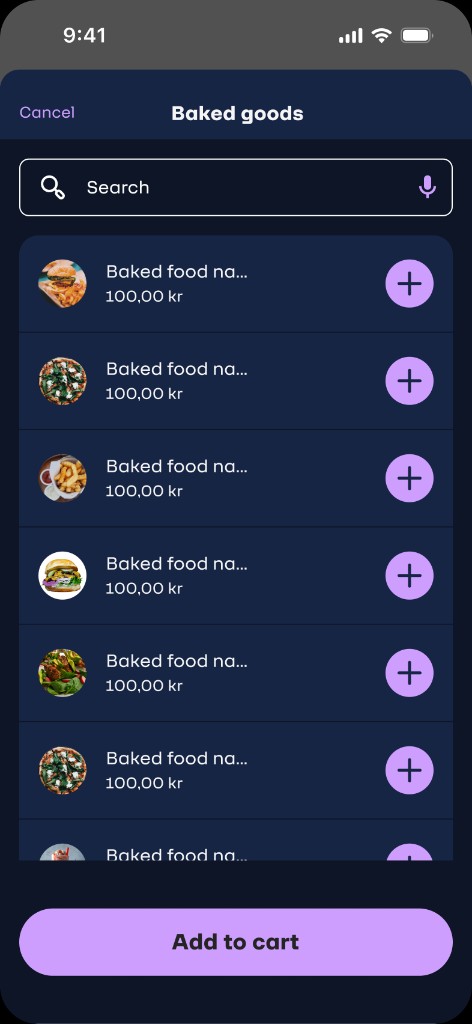 Baked goods category — search, product list with thumbnails, Add to cart