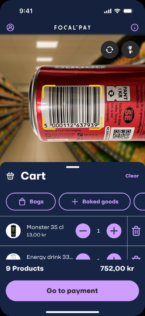 Focalpay — camera scanning a product with cart sheet, product list, and Go to payment