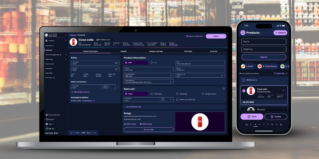 Focalpay Back-office — dashboard on laptop and mobile in a grocery retail setting