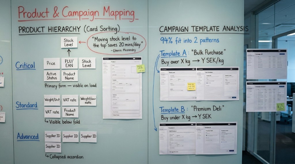 Focalpay Back-office design process: Product & Campaign mapping — card sorting, product hierarchy, and campaign template analysis on a whiteboard
