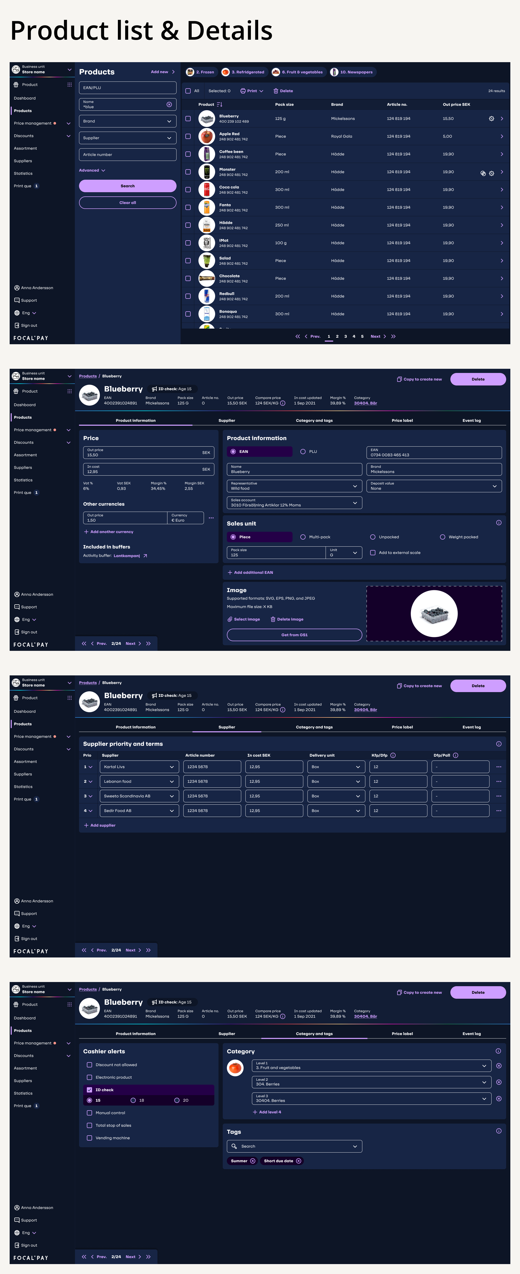 Back-office UI: product list, product details tabs for information, supplier, and categories