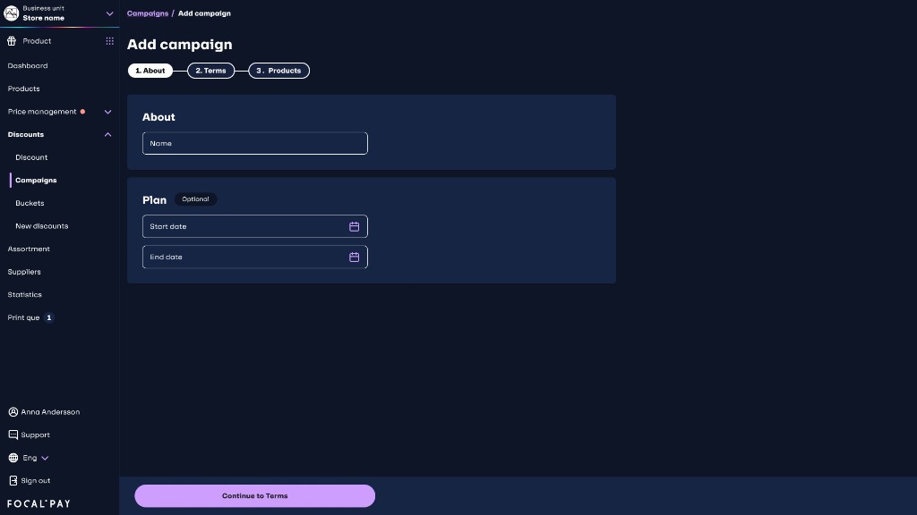 Add campaign step 1: campaign name and optional start and end dates.