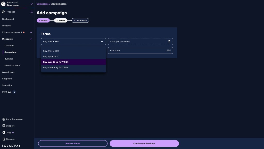 Add campaign step 2: campaign type dropdown with Buy over X kg for Y SEK and Buy under X kg for Y SEK next to the regular campaign types.
