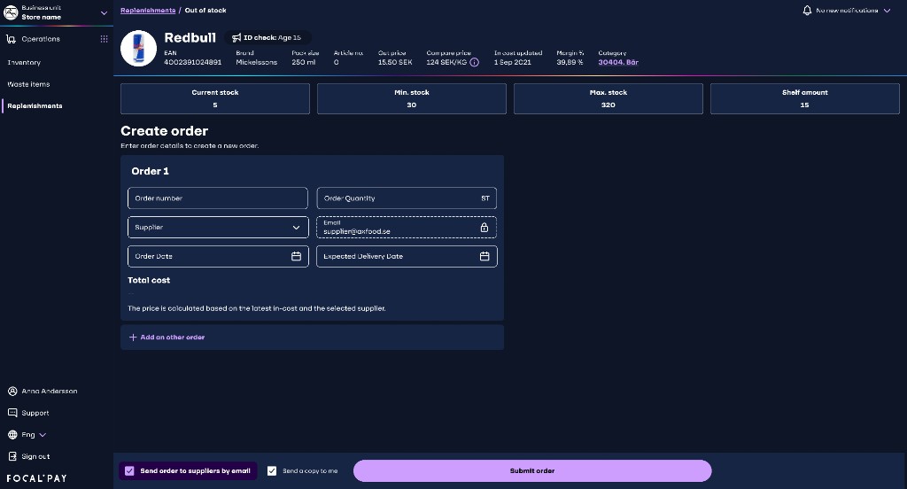 Create order screen with stock levels at the top, supplier email filled in automatically, and the order sent to the supplier by email.