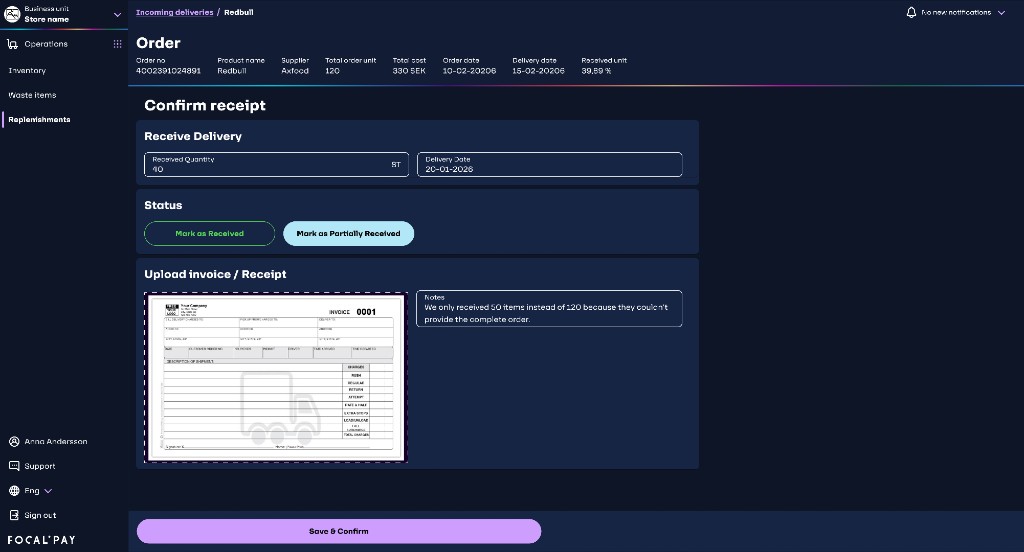 Confirm receipt screen for marking a delivery as received or partially received, with an uploaded invoice and a note.