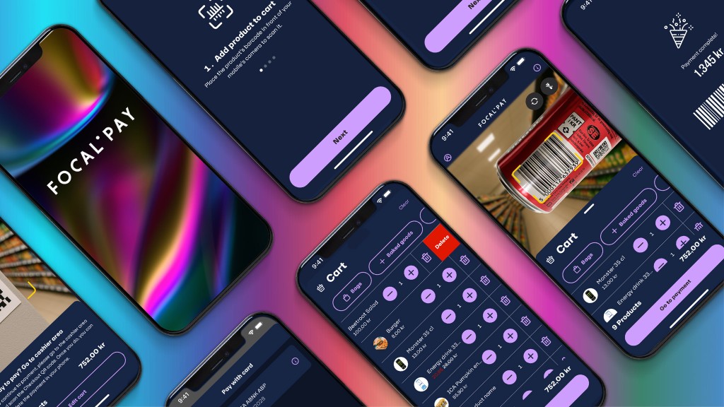Focal Pay mobile shopping app — collage of tilted phone screens: onboarding, barcode scan, cart, checkout QR at cashier area, payment, and payment complete on a blue and pink gradient