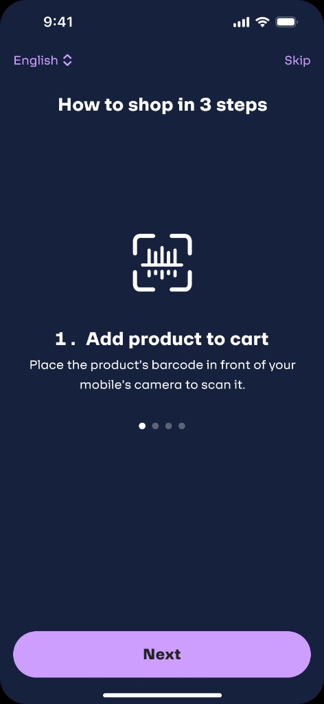 Onboarding step 1 — How to shop in 3 steps: add product to cart by scanning the barcode with the camera