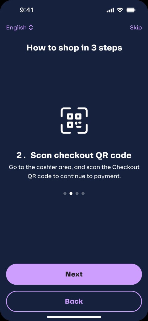 Onboarding step 2 — scan the checkout QR code at the cashier area to continue to payment