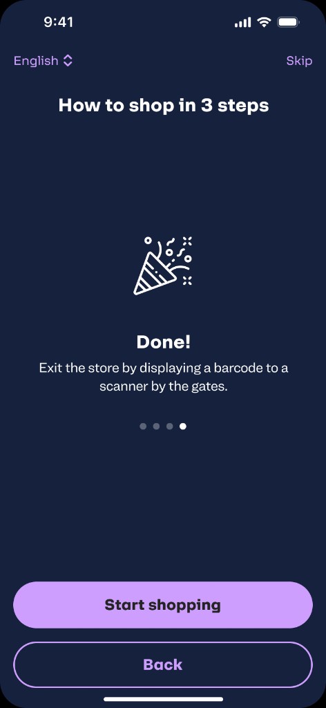 Onboarding step 4 — Done: exit the store with a barcode at the gate; Start shopping