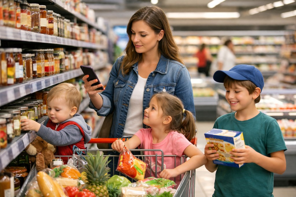 Parent grocery shopping with three children in a supermarket aisle, using a phone while managing the cart