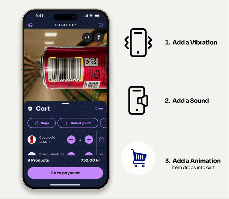 In-app demonstration of three-layer scan feedback: barcode scan on Coca-Cola, vibration and sound cues, and the product animating into the cart