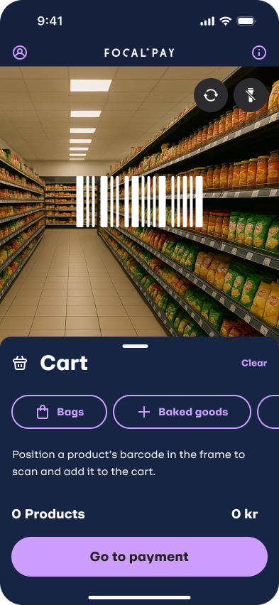 Screen 1 — Scanner with empty cart and Go to payment