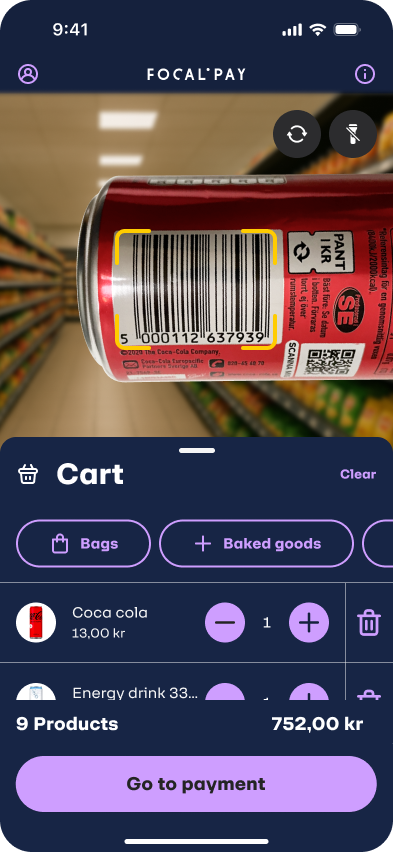 Screen 2 — Live scan with product in frame and cart with line items