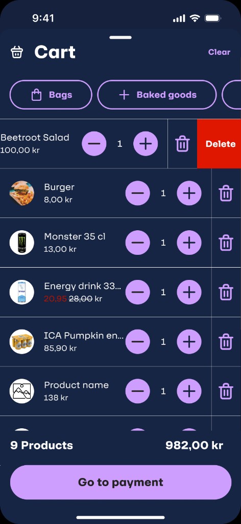 Screen 6 — Cart with line items, quantity controls, discounts, and Go to payment