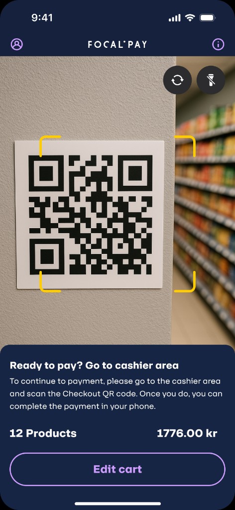 Screen 7 — Scan checkout QR at cashier area with cart summary and Edit cart