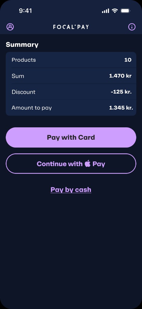 Screen 8 — Checkout summary with Pay with card, Apple Pay, and pay by cash