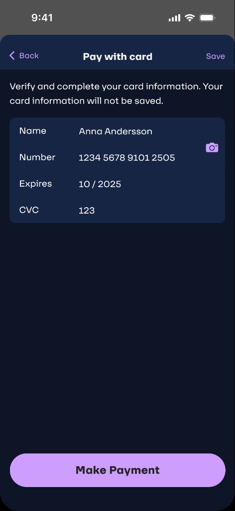 Screen 9 — Add card form with card number, expiry, CVC, and Make payment