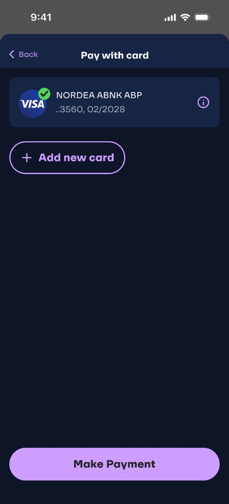 Screen 10 — Pay with card — saved Visa selected and Make payment