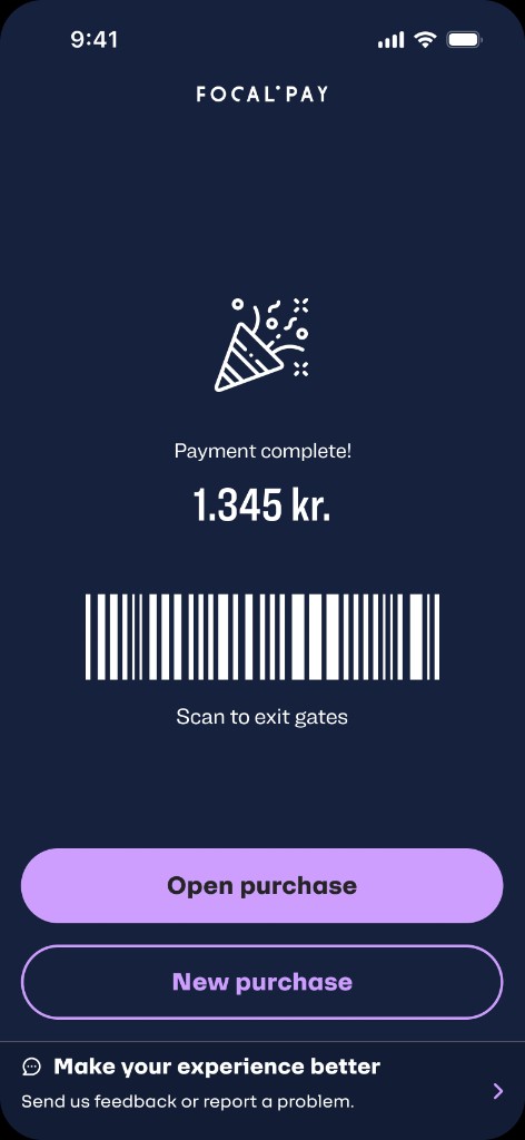Screen 11 — Payment complete with exit barcode and Open purchase