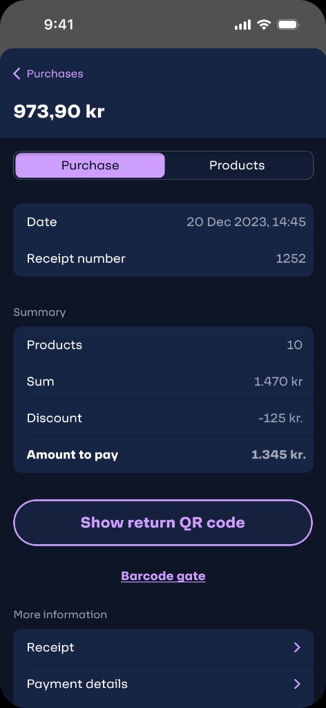 Screen 12 — Past purchase detail with Purchase and Products tabs and summary