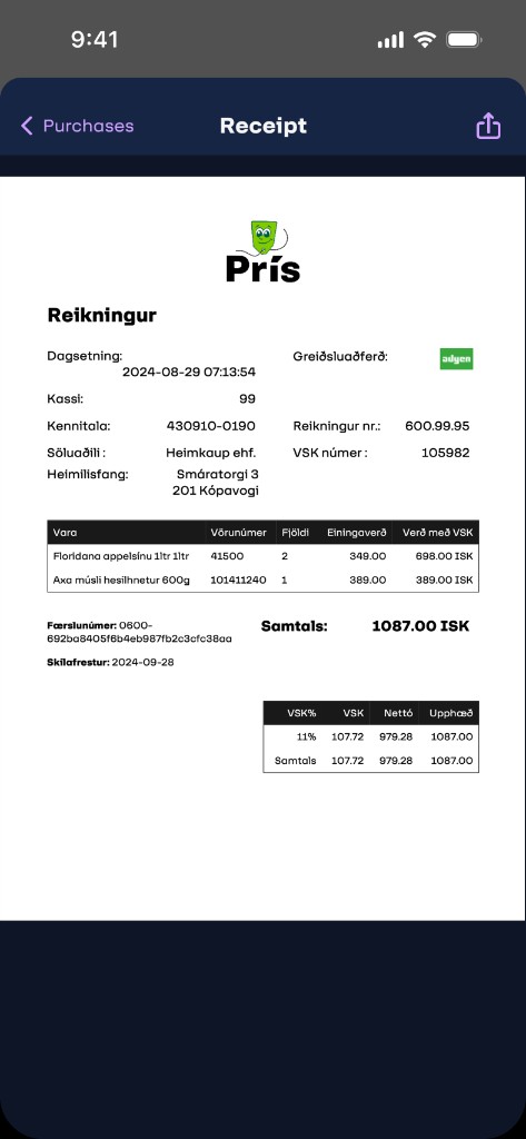 Screen 13 — Digital receipt with line items and share