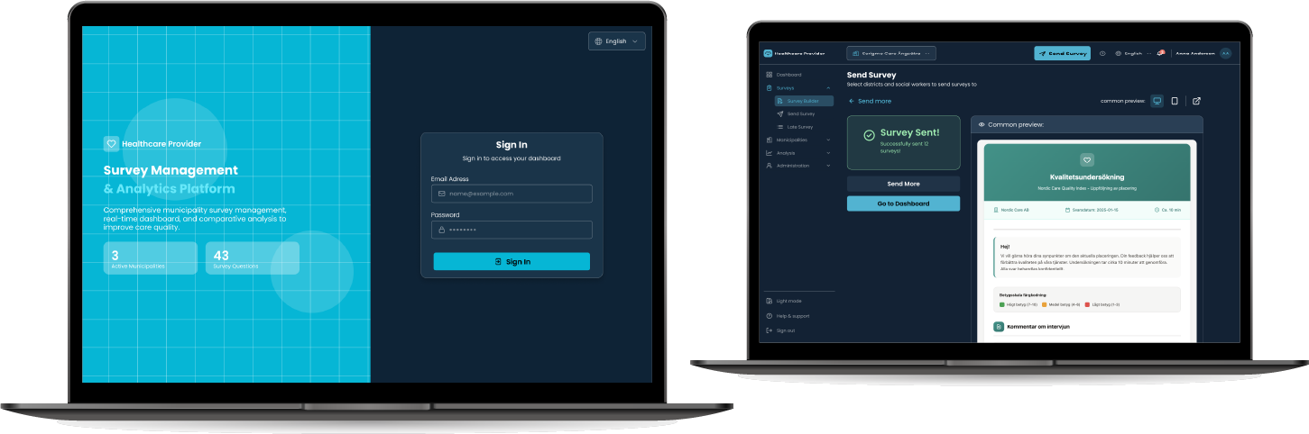 Healthcare Provider Survey Management platform shown on two laptop screens — sign-in and survey sent confirmation views.