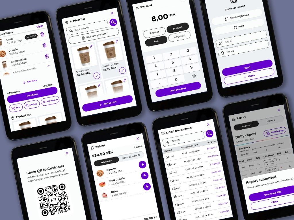 Focalpay Cashier POS and payment app — mobile screens for cart, product list, discount, receipt, QR, refunds, and reports