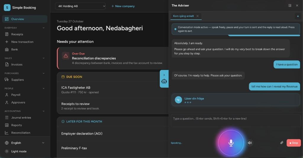 Adviser in conversation mode: the user speaks a question, Adviser reads it and replies aloud.