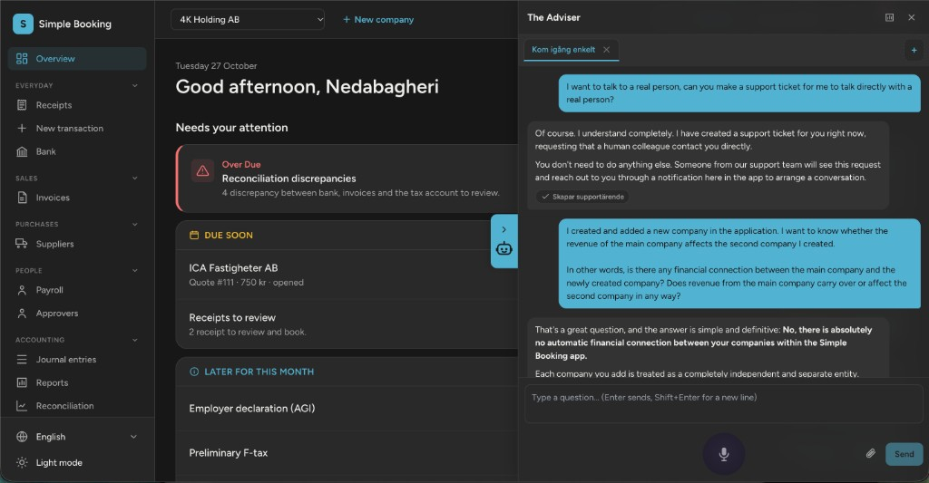 Simple Booking's Adviser panel next to the Overview: a user asks for a support ticket and Adviser confirms it was created, then answers whether two of the user's companies affect each other's revenue.