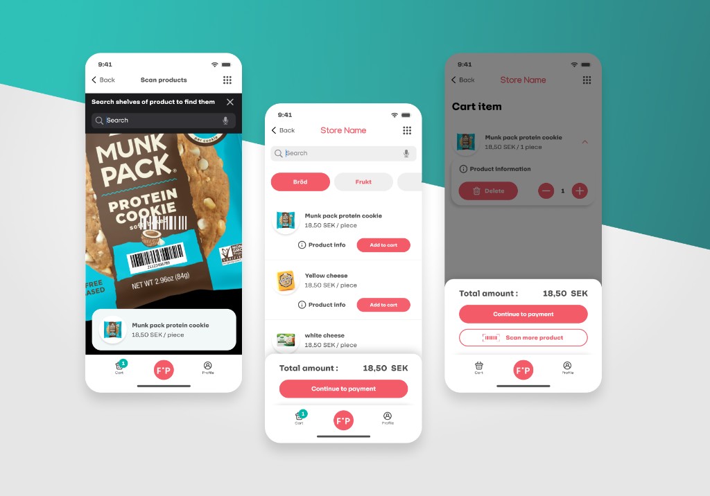 Grocery shopping app — three iPhone screens showing product scan, store catalog, and cart on a teal and gray composition