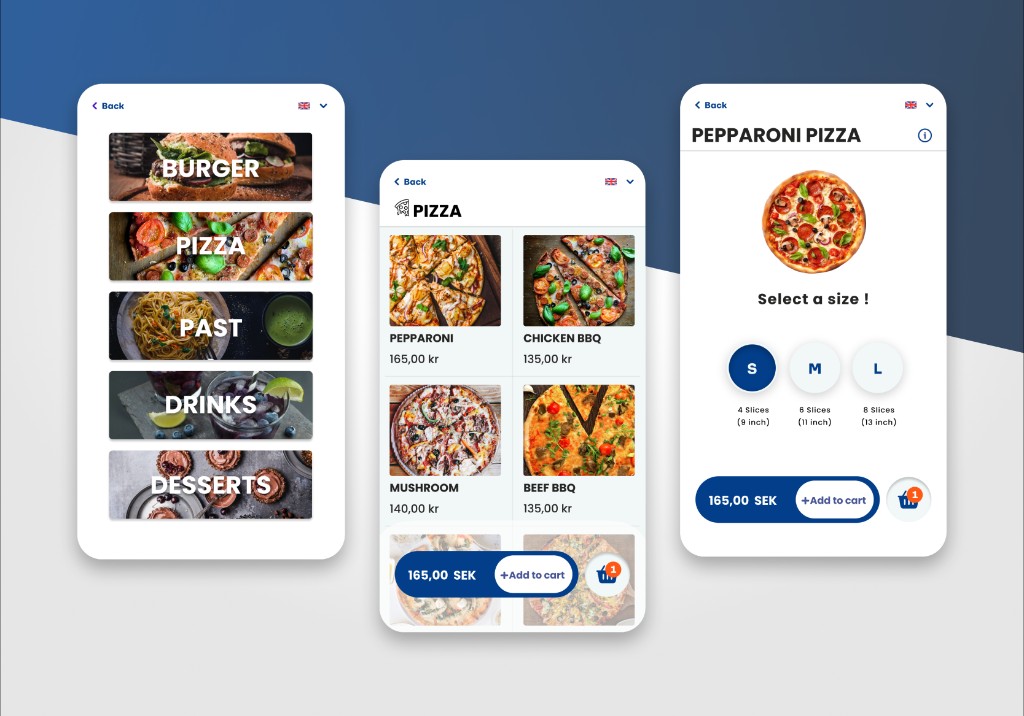 Restaurant self-service kiosk app — three iPhone screens showing food categories, pizza menu, and pepperoni size selection on a deep blue gradient
