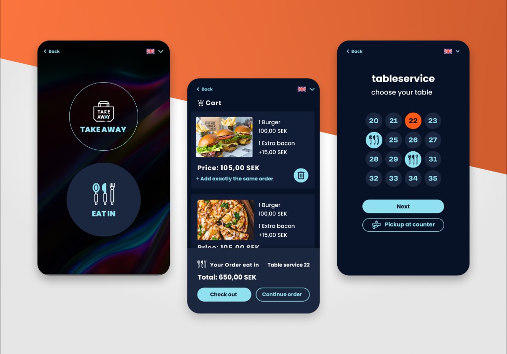 Self-service app user flows — three iPhone screens showing the take-away vs eat-in choice on an iridescent backdrop, the cart with burger and pizza items, and the table-service screen with a numbered seating grid