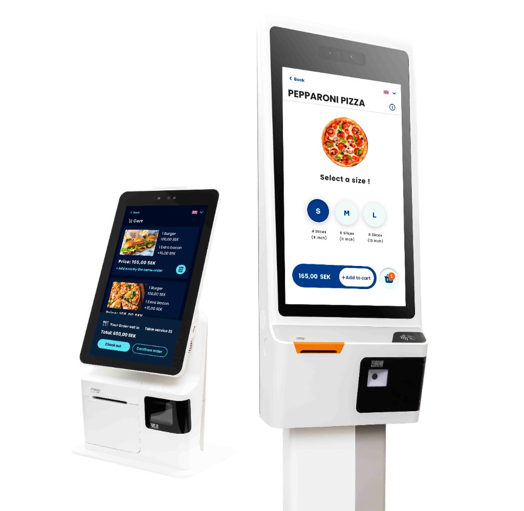 Two physical self-service kiosk terminals — a smaller countertop unit showing the cart screen with burger and pizza orders, and a larger floor-standing unit showing the pepperoni pizza size-select screen