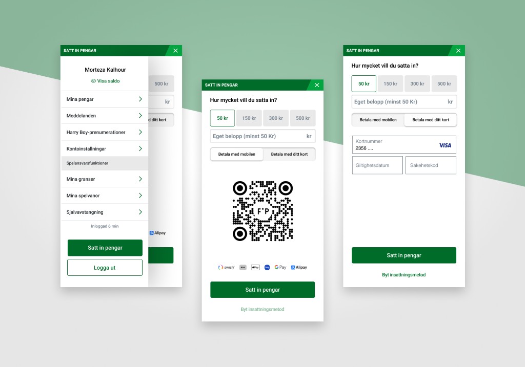 ATG Swedish gambling app — three iPhone screens showing user menu, QR deposit, and card-payment forms in the brand's green palette