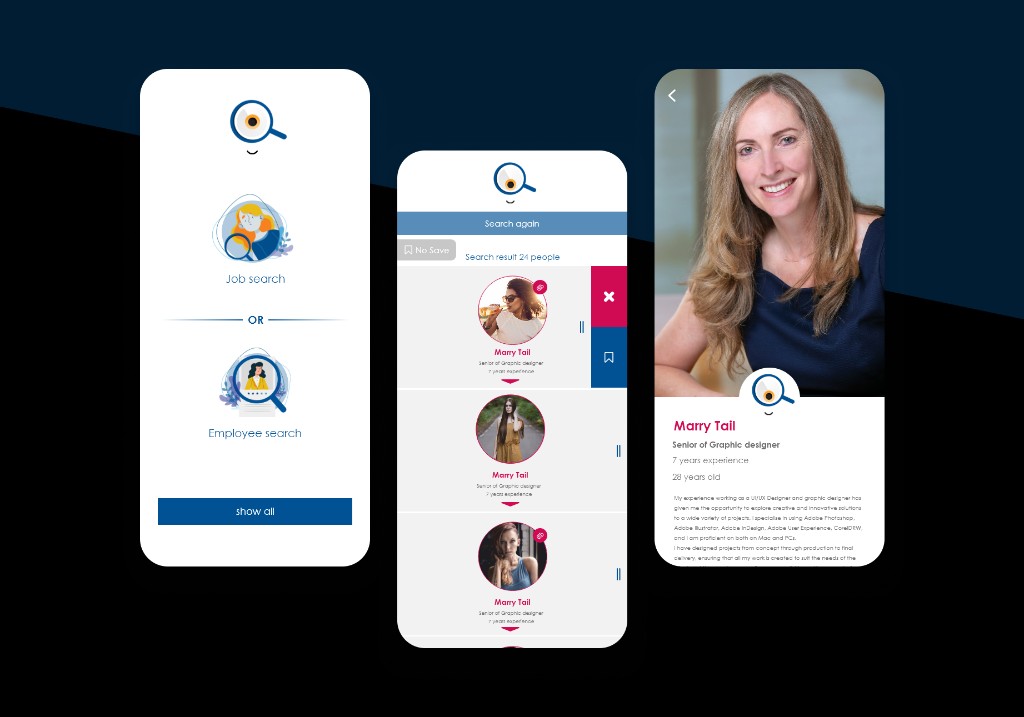 Job-finder app — three iPhone screens showing the job/employee choice, a swipeable candidate list, and a full candidate profile on a dark navy backdrop