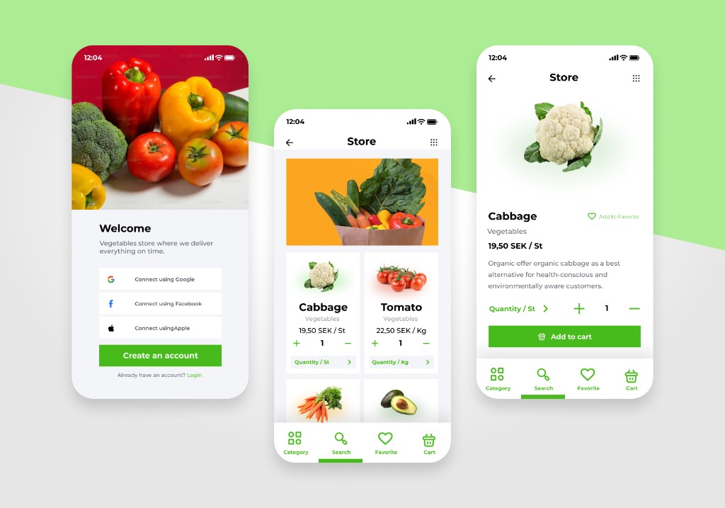 Online grocery delivery app — three iPhone screens showing welcome/sign-in, the store grid, and a cabbage product detail on a fresh-green composition