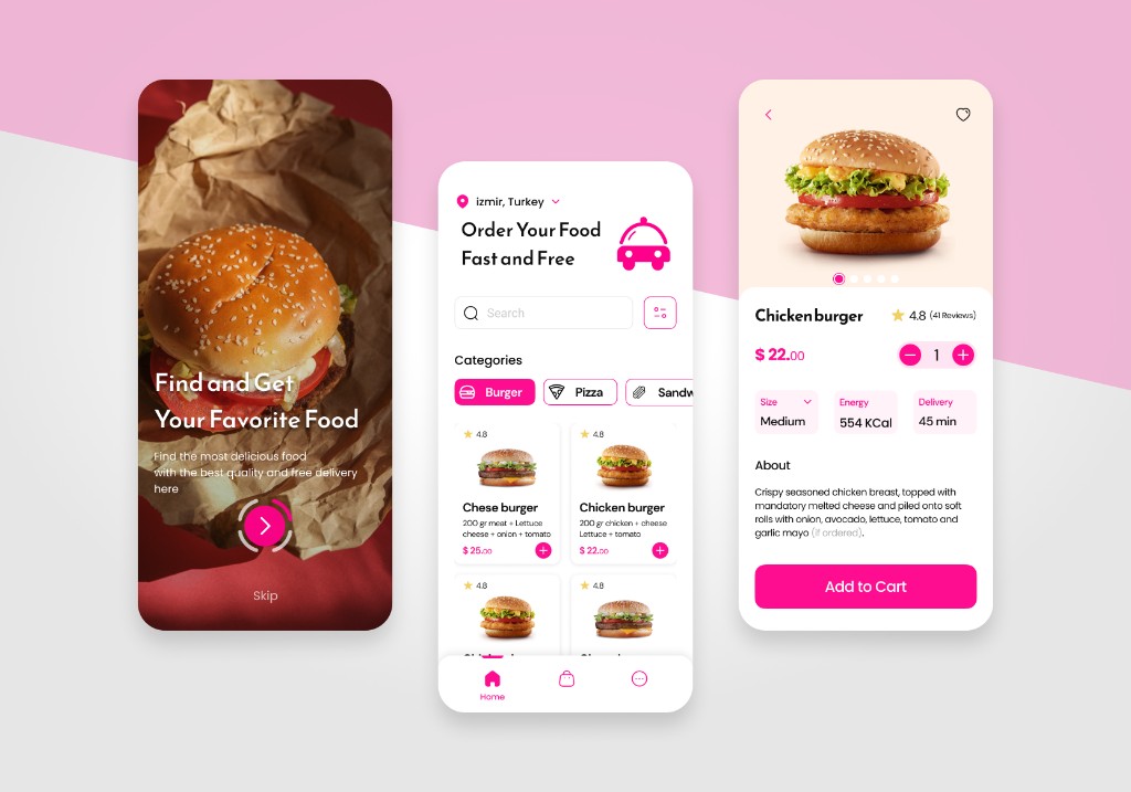 Food delivery app — three iPhone screens showing the splash, food categories, and a chicken-burger product detail on a magenta-pink composition