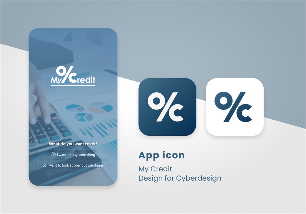 My Credit app icon — splash phone screen with paired filled and outlined % icons in deep navy on a soft blue-gray composition