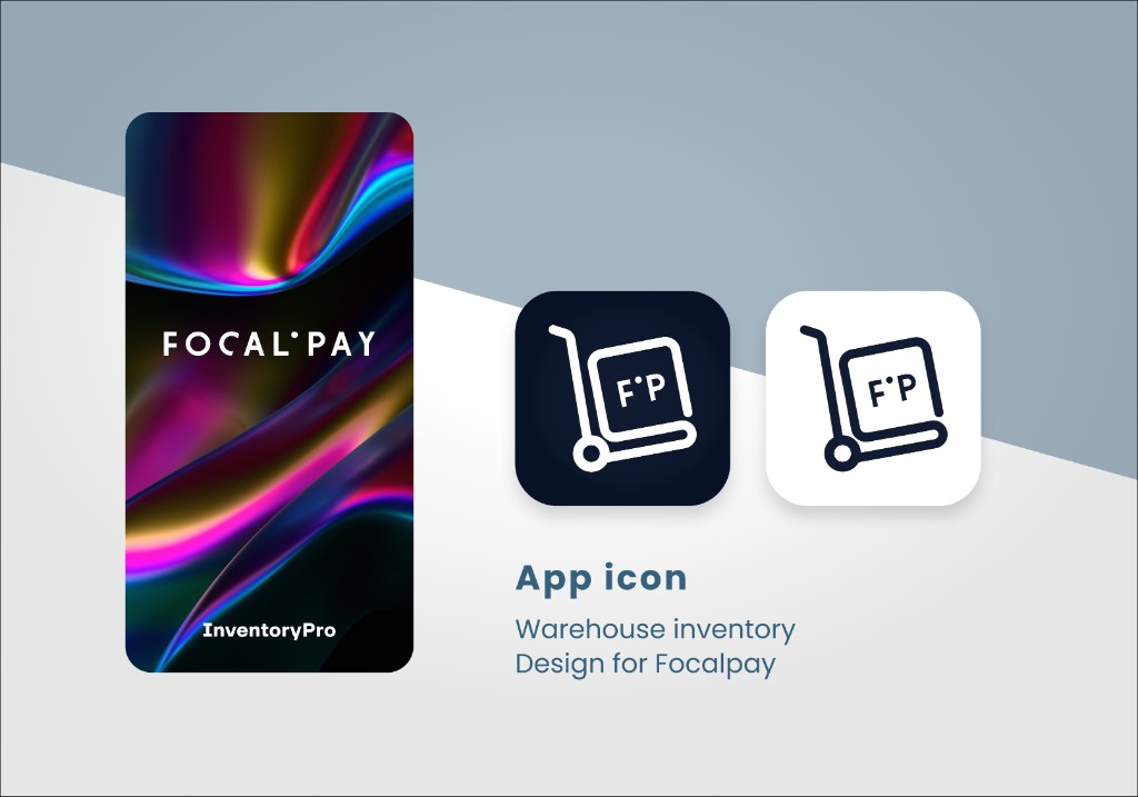 InventoryPro app icon — splash phone screen with paired filled and outlined warehouse-trolley icons on a soft blue-gray composition