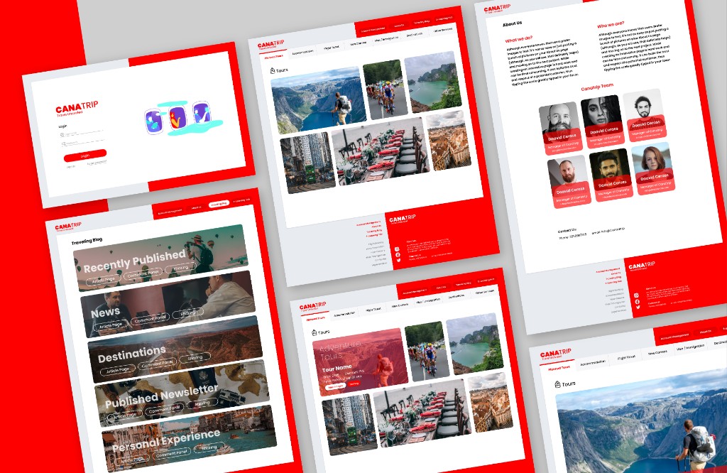 CanaTrip website system overview — tilted grid of multiple page mockups including login, planned tours, traveling blog categories, and about-us with team cards, all in the brand's red and white palette