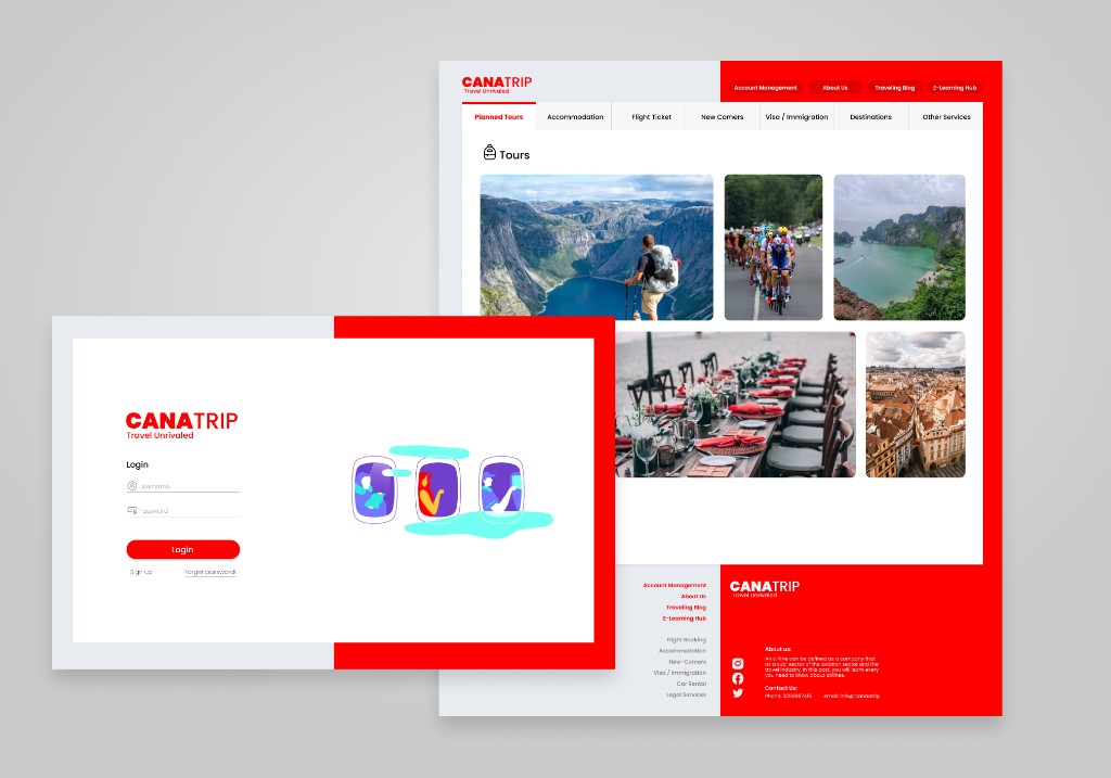 CanaTrip travel website — login screen and tours landing page in the brand's red and white palette