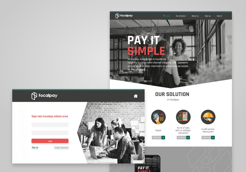 Focalpay marketing website — admin sign-in and 'Pay it Simple' landing page in the brand's teal and red palette