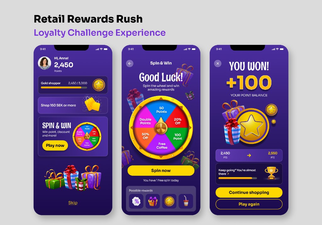 Retail Rewards Rush loyalty app — three iPhone screens showing a points dashboard with a 'Spin & Win' tile, a spinning prize wheel against gift-box artwork, and a 'You won! +100' confirmation on a deep purple and yellow composition