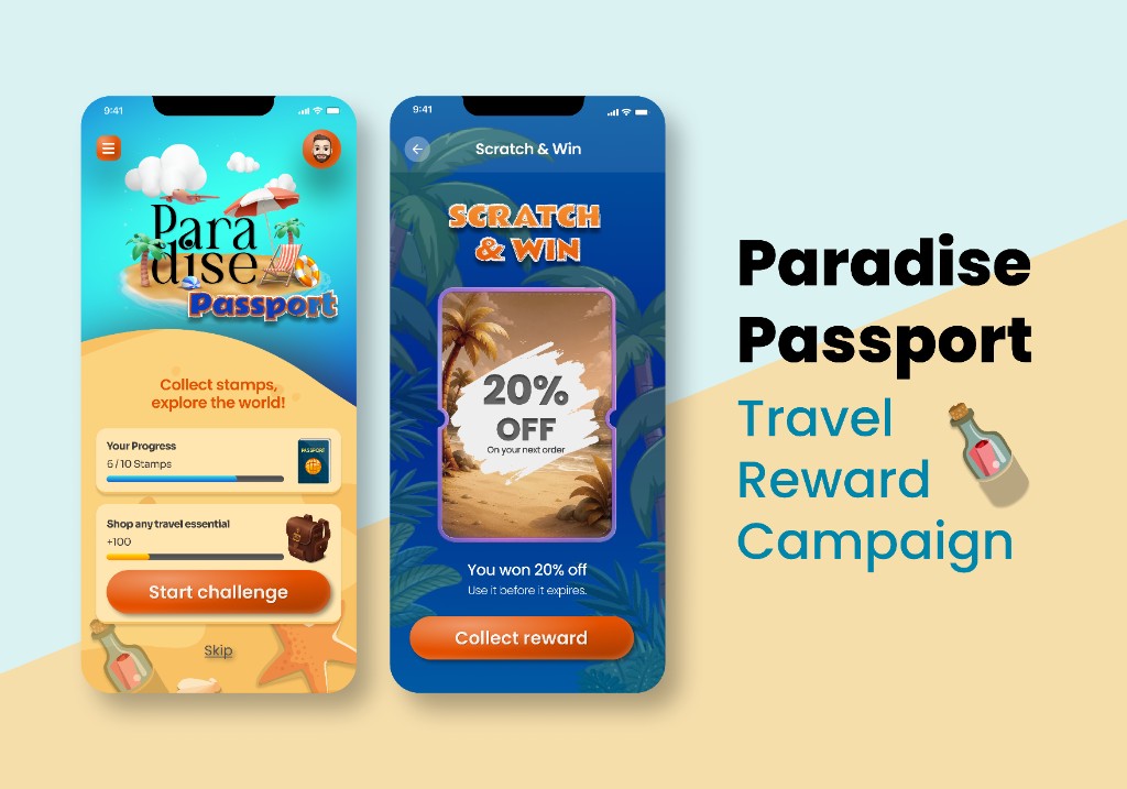 Paradise Passport travel rewards app — two iPhone screens showing a stamp-collection progress dashboard with beach artwork, and a 'Scratch & Win' reveal of a 20% off reward on a deep blue tropical composition